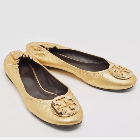 Tory Burch Gold Leather Distressed Reva Scrunch Ballet Flats - Picture 2 of 9